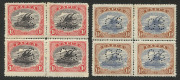 PAPUA: 1910-30 blocks of 4 comprising 1910-11 1d black & carmine (tone patch at left) & 6d black & myrtle-green marginal block (perf separations) 1930 perf 'OS' 1d, 1&frac12;d, 3d & 1/-, with gum tone on the two higher values. Scarce multiples, Cat. &pound;1280+. (6 - 6