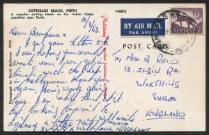 Australia: Other Pre-Decimals: 1/2 Tasmanian Tiger, single franking on March 1963 airmail postcard (Cottesloe Beach, Perth) from FREMANTLE to England.