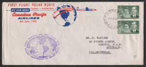 AUSTRALIA: Aerophilately & Flight Covers: 8 June 1955 (AAMC.1351) Sydney - Amsterdam cover carried by Canadian Pacific Airlines on their inaugural flights via the North Polar route.