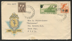 PAPUA NEW GUINEA: FDC: 29 Jan.1957: 4d & 7d Surcharges on Australian Post Office "Hermes" cover from MADANG to FIJI.