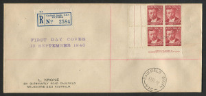 FDC: 13 Sept.1948: 2½d von Mueller Imprint blk.(4) on registered Krone cover from Caulfield South.