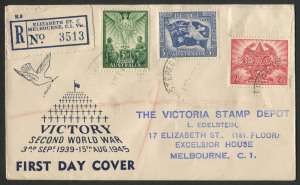 FDC: 18 Feb.1946: Victory set of 3 on registered Winslow cover from ELIZABETH ST. MELBOURNE; with Victoria Stamp Depot address stamp.