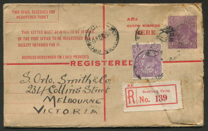 Australia: Postal Stationery: Registration Envelopess: 1927 [ACSC.RE20Ad] 4½d Violet KGV with "No top to Crown" variety, uprated 4½d and  FU Nov.1926 from SOUTHERN CROSS to Melbourne. [NB: Note 3 at p286 indicates that the "No Crown" variety is not recor