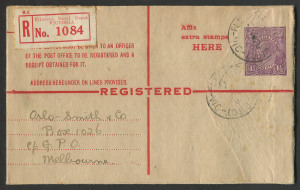 Australia: Postal Stationery: Registration Envelopess: 1927 [ACSC.RE20A] 4½d Violet KGV, FU Mar.1928 from FLINDERS NAVAL DEPOT to Melbourne.