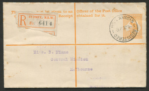 Australia: Postal Stationery: Registration Envelopess: 1913 [ACSC.RE1] 4d Kangaroo, FU June 1913 from SYDNEY to Melbourne. Cat.$200.