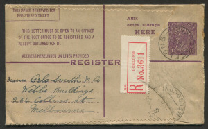 Australia: Postal Stationery: Registration Envelopess: 1924 [ACSC.RE18] 4½d Violet KGV, FU Aug.1924 from GEELONG to Melbourne. Cat.$75.