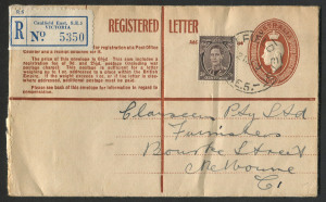 Australia: Postal Stationery: Registration Envelopess: 1948 [ACSC.RE33] 5½d Chestnut KGVI oval die, uprated 3d (to reflect the increased registration fee) and FU July 1949 from CAULFIELD EAST to Melbourne.
