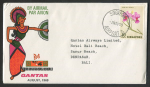 AUSTRALIA: Aerophilately & Flight Covers: 8 Aug.-2 Nov.1969 (AAMC.1644a) Singapore - Bali first flight cover carried by QANTAS; the flight delayed due to non-completition of night-landing facilities at Bali.