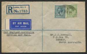 AUSTRALIA: Aerophilately & Flight Covers: 7 Jan.1932 (AAMC.245) London - DARWIN registered cover carried by Kingsford Smith, Allan & Taylor in the "Southern Star:' DARWIN 19 JAN arrival backstamp. Cat.$125+.