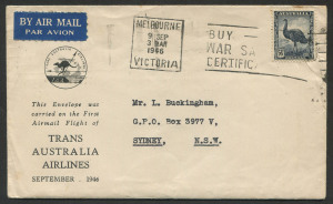 AUSTRALIA: Aerophilately & Flight Covers: 9 Sept.1946 (AAMC.1064) Melbourne - Sydney special cover carried on the inaugural flight by Trans-Australian Airlines (TAA).