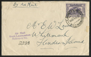 AUSTRALIA: Aerophilately & Flight Covers: 7 June 1932 (AAMC.267) Launceston - Whitemark, Flinders Island, flown cover; bearing 6d Kingsford Smith single franking.