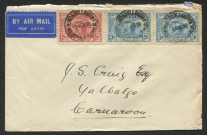 Australia: Postal History: Apr.1931 usage of Kingsford Smith 3d (2) + 2d on double-weight commercial airmail cover from MUNDABULLANGANA to CARNARVON.