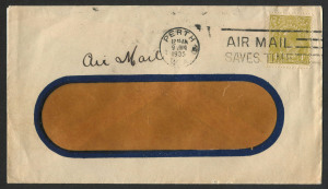 Australia: Postal History: Jan.1935 usage of 4d olive KGV single-franking on a Printed Matter airmail rate cover from Perth to Carnarvon (b/stamp). Rare.