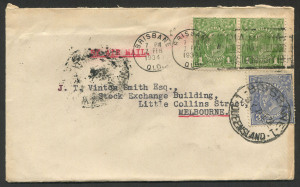 Australia: Postal History: Feb.1934 usage of KGV 3d Blue + 1d Greens (2) on commercial airmail cover from Brisbane to Sydney.