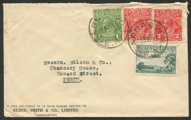 Australia: Postal History: Jan.1933 usage of 3d Air + KGV 2d Reds (2) + 1d Green on double-weight commercial airmail cover from CARNARVON to Perth.