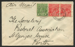 Australia: Postal History: Nov.1933 usage of KGV 2d (2) + 1d on commercial airmail cover from ROEBOURNE to Perth.