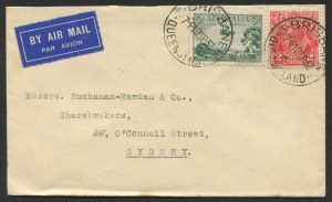 Australia: Postal History: Sept.1932 usage of 3d Airmail + 2d Red KGV on airmail cover from Brisbane to Sydney.