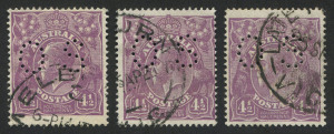 KGV Heads - Small Multiple Watermark Perf 14: 1924 (SG.O84) KGV Single wmk 4½d Violet perf.OS (3); all with circular datestamps. BW:118b - $225.