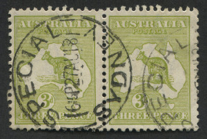 Kangaroos - Third Watermark: 3d Olive-Green (Die 1) horizontal pair, FU with SYDNEY Aug.1918 cds.