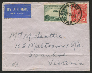 Australia: Postal History: May 1931 usage of 3d Airmail + 2d Red KGV on commercial airmail cover from DEVONPORT, TAS. to Melbourne.