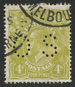 KGV Heads - Small Multiple Watermark Perf 14: KGV: 1926-30 (SG.O94) Small Multi Wmk.perf.14: 4d Olive perforated OS, FU. BW:115b - $100.