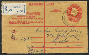 Australia: Postal Stationery: Registration Envelopess: 1965 (BW:RE44) QEII 2/5d bright-red/yellow, Helecon ink: fine used Jan.1966 from Chelsea. A little roughly opened at right & base. Cat.$100.