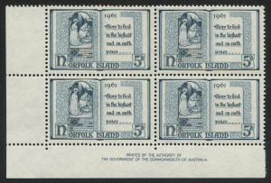 NORFOLK ISLAND: 1961 5d Christmas, Authority Imprint blk.(4) MUH.