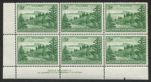 NORFOLK ISLAND: 1959 (SG.6a) 3d green Ball Bay, Authority Imprint blk.(6) with colour pip at base. MUH. Cat.�90+.