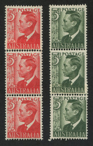 Australia: Other Pre-Decimals: 1951 (SG.235aa & 237da) KGVI 3d Scarlet & 3d Grey-Green, each in a coil strip of 3 with official join. MUH. (6).