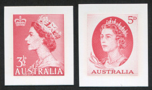 Australia: Other Pre-Decimals: Posthumous Die Proofs in red: 1953 3½d Queen & 1963 5d Queen. Both superb. (2). Cat.$50.