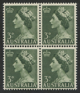 Australia: Other Pre-Decimals: 1953 3d green Queen, Coil perf. block of (4) MUH. SG.262ab.