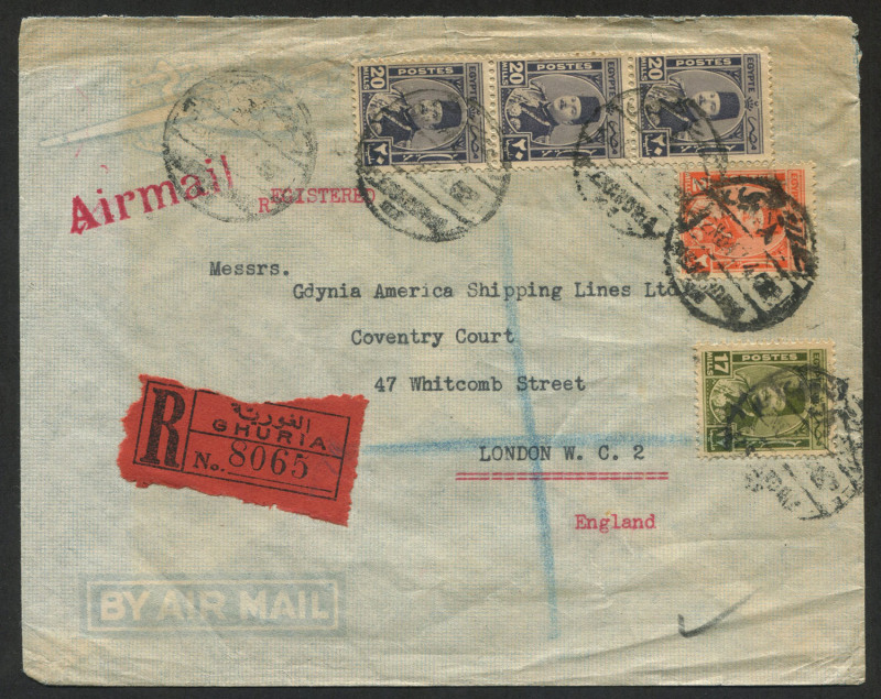 Egypt: 1947 registered airmail cover from GHURIA (Alexandria) to LONDON