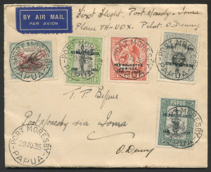 PAPUA - Aerophilately & Flight Covers: 29 Aug.1935 Port Moresby-Ioma flown cover (AAMC.P86) with Silver Jubilee set plus 3d Airmail tied by PORT MORESBY '29AU35' datestamps, cover endorsed and signed by pilot Orme Denny, IOMA P.O. backstamp, fine condition, Cat.$200.