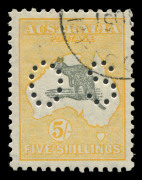 Kangaroos - Small Multiple Watermark: Australia: S.Multi Wmk. 5/- Grey & Yellow-Orange, perf 'OS' CTO, very well centred, lightly mounted full gum, BW:45wb - Cat. $250. A lovely stamp. - 3