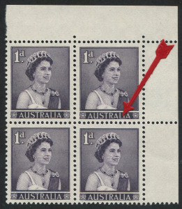 Australia: Other Pre-Decimals: 1959-66 (SG.308) 1d Slate-Purple QEII, variety "Re-entry through 'ALIA' and corner ornament" being the upper-right unit of a corner block of 4, fresh MUH, BW:347h - Cat. $40+.