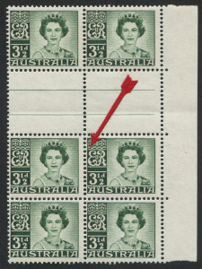 Australia: Other Pre-Decimals: 1959-60 (SG.312) 3½d Dark Green QEII inter-pane block of 6, right side centre unit variety "Re-entry to 'E' of 'EIIR' and to left frame", fresh MUH, BW:352d - Cat $50+.