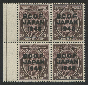 BCOF Japan: 1946-49 (SG.J3) Overprinted KGVI 3d marginal block of 4, upper-left unit with unlisted overprint variety "Broken B (at base) of B.C.O.F.", fresh MUH, Cat $40+.