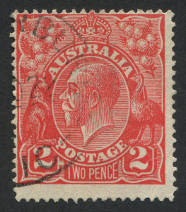 KGV Heads - Single Watermark: 1922-24 Single Wmk 2d Red KGV (SG.63) variety "White flaw right of left value tablet and scratch right of 'right '2'" [12AL], fine used, BW: 96(12A)d - Cat $35.