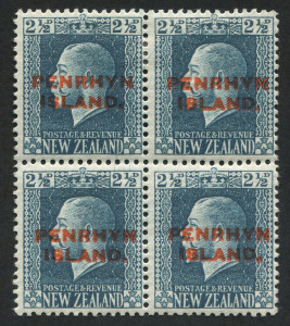 COOK ISLANDS: Penrhyn Island 1917 (SG.24b) Overprints on New Zealand KGV 2�d blue mixed perfs. block of 4, lower units MUH. Cat.�90.