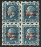 COOK ISLANDS: Penrhyn Island 1917 (SG.24b) Overprints on New Zealand KGV 2�d blue mixed perfs. block of 4, lower units MUH. Cat.�90.