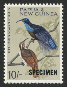 PAPUA NEW GUINEA: 1964 (SG.71s) 10/- Bird of Paradise, overprinted SPECIMEN, very lightly mounted. Cat.�85.