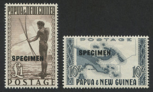 PAPUA NEW GUINEA: 1952 (SG.14s & 15s) 10/- Map & �1 Fisherman, overprinted SPECIMEN (2), lightly mounted. Cat.�90.