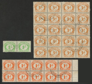 PAPUA NEW GUINEA: POSTAGE DUES: 1960 (SG.D7, D8 & D11) commercially used blcoks of the 1d (10), 3d (20) and a pair of the 1/-. (32). Scarce multiples used in 1964.