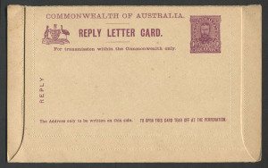 Australia: Postal Stationery: Letter Cards: 1911 1d + 1d Full-Face Design Reply Lettercard, 'Giant Red Gum,Vic' and 'Queen's Gardens Perth, WA' illustrations, in purple, trivial soiling, fine unused overall; BW:LC13 - Cat $200.