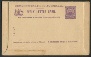Australia: Postal Stationery: Letter Cards: 1911 1d + 1d Full-Face Design Reply Lettercard, 'Giant Red Gum,Vic' and 'Queen's Gardens Perth, WA' illustrations, in purple, small faults/reinforcements, BW:LC13 - Cat $200.