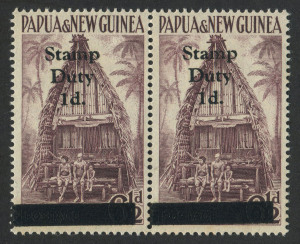 PAPUA NEW GUINEA: REVENUES: 1957 "Stamp Duty 1d" overprint on 6�d Hut, horizontal pair, (2) MUH.