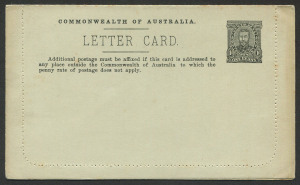 Australia: Postal Stationery: Letter Cards: 1911-12 (BW:LC10/142A) 1d KGV Full-Face Design P10 on Grey Surfaced Card (0.19mm thick), September 1912 Printing in black, "Zoo, Adelaide, SA" illustration, few faint age spots, fine unused overall, Cat $175.
