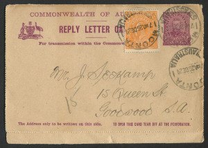 Australia: Postal Stationery: Letter Cards: 911 1d + 1d Full-Face Design Reply Lettercard, OUTWARD HALF ONLY with 'Giant Red Gum, Vic' illustration, late 1924 use, so uprated with KGV ½d orange for transit from Moonta to Goodwood (SA), some mild aging; B