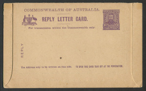 Australia: Postal Stationery: Letter Cards: 1911 1d + 1d Full-Face Design Reply Lettercard, 'Giant Red Gum,Vic' and 'Queen's Gardens Perth, WA' illustrations, in purple, this example a tad aged, separated along central fold and reattached with hinges; BW