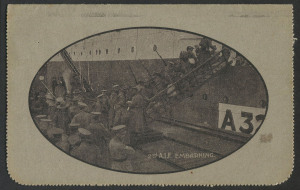 Australia: Postal Stationery: Letter Cards: 1914-18 Military Views (BW:LC25/M2A) 1d KGV Sideface Design P12½ in sepia on Grey to Greenish-Grey Card, pink interior, "2nd A.I.F. Embarking (gangway)" illustration, 1915 (Sep. 22) postal use from Birmingham t